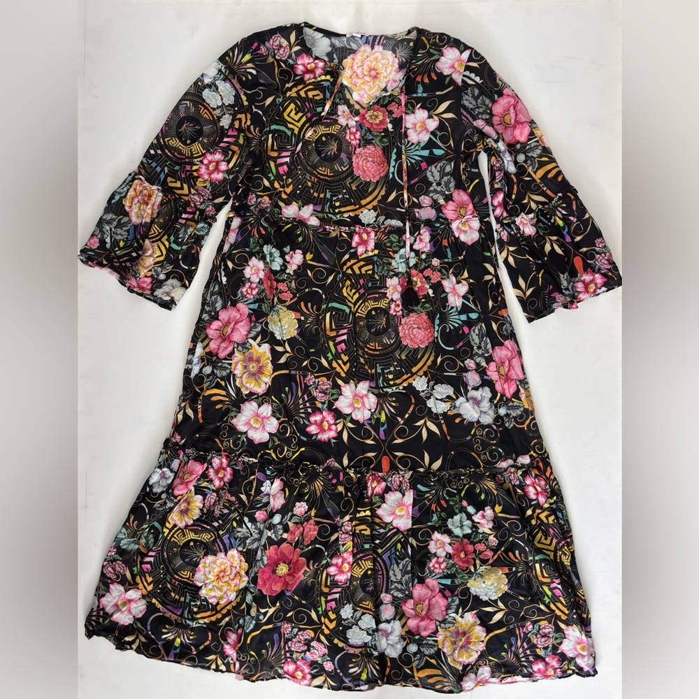 Johnny Was Naomi Peace Ruffle Tiered Dress Black Floral X-Small bohemian modest - Picture 1 of 9